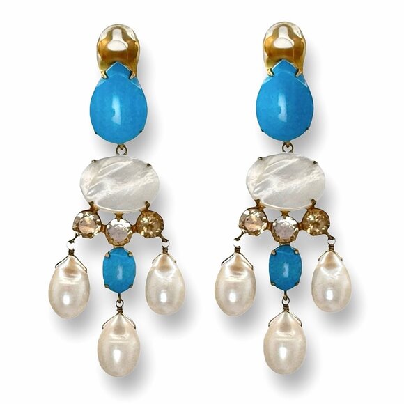 Bounkit Chandelier Earrings 14K Gold Plated Turquoise Pearls Clip-On 2-Ways - Picture 9 of 9